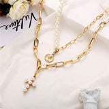 Aveuri 2023 Punk Imitation Pearls Cross Gold Chain Necklace Half Chokers For Women Fashion Metal Coin Pin Chain Necklace Set Party Jewelry