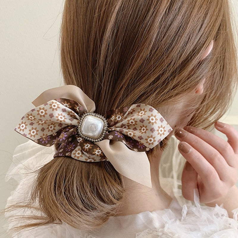 Aveuri transparent stone-Studded bead Floral Bow Bow Large Intestine Hair Ring 2022 Super Fairy Headdress Girl Sweet Heart Hair Accessories