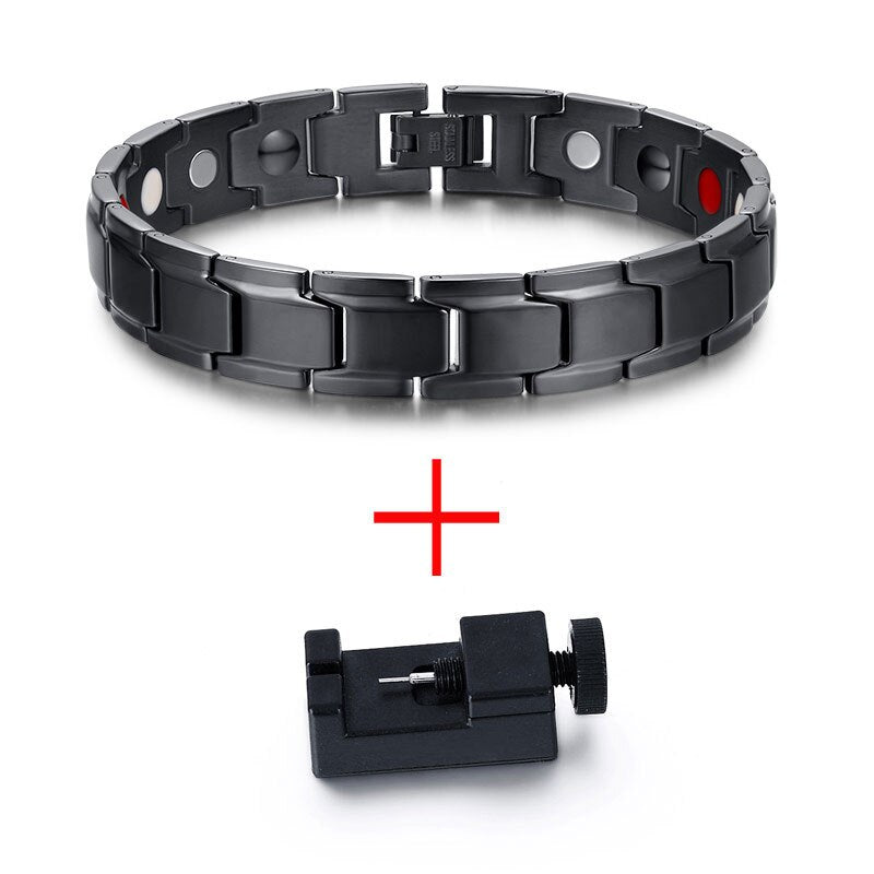 Meaeguet Tow Row 4 Health Elements Energy Bracelet Jewelry for Men Black Stainless Steel Chain Link Therapy
