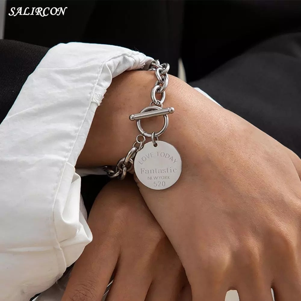 Aveuri Kpop Stainless Steel Lock Pendant Bracelet on Hand Punk Chain Women Men Bracelets Charm Couple Bracelet Jewelry Gift