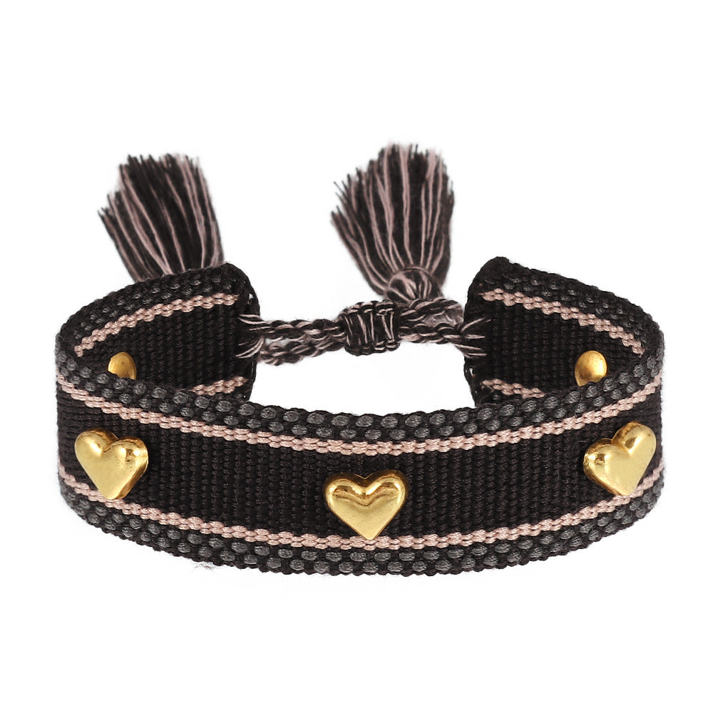 Aveuri - Couple Golden Heart-shaped Carrying Strap Hand-woven Tassel Bracelets