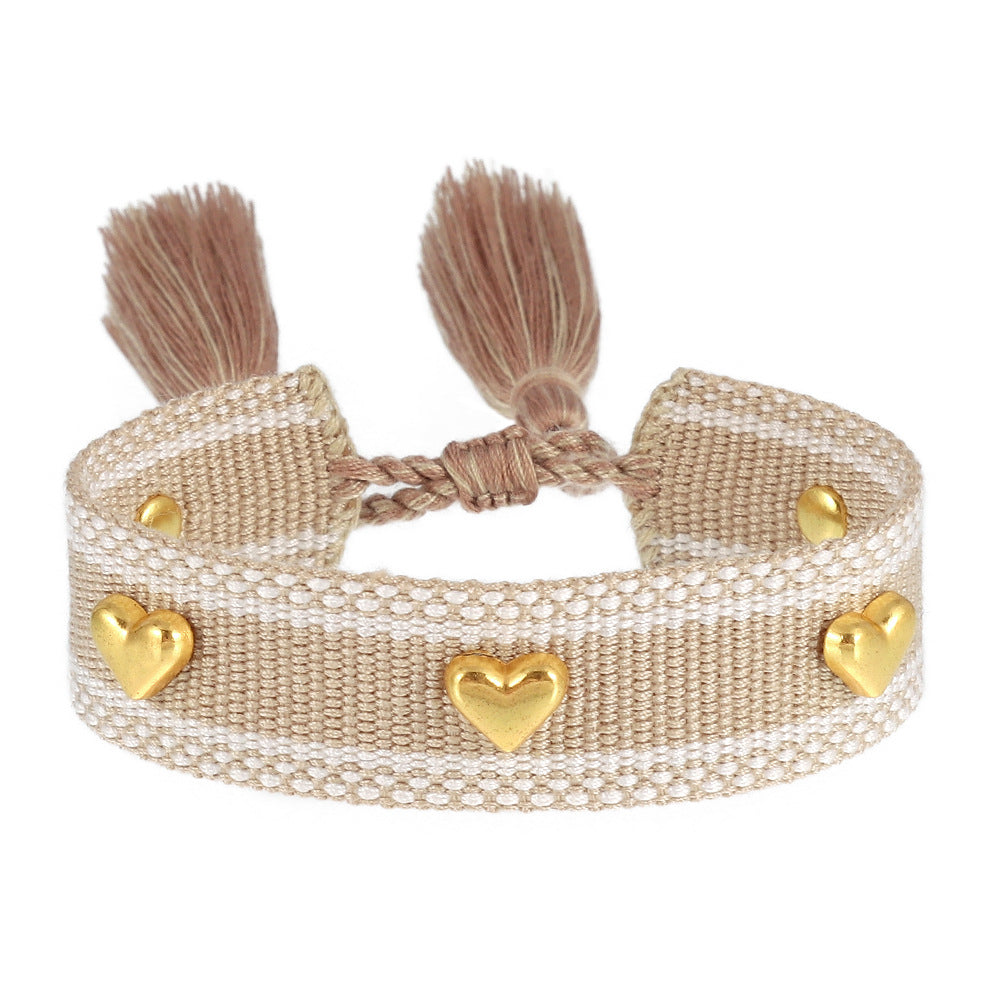 Aveuri - Couple Golden Heart-shaped Carrying Strap Hand-woven Tassel Bracelets