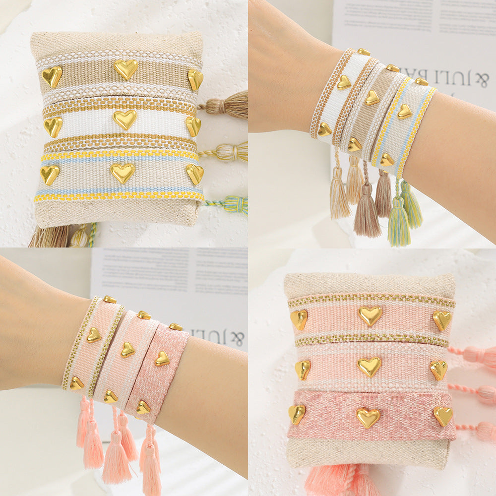 Aveuri - Couple Golden Heart-shaped Carrying Strap Hand-woven Tassel Bracelets