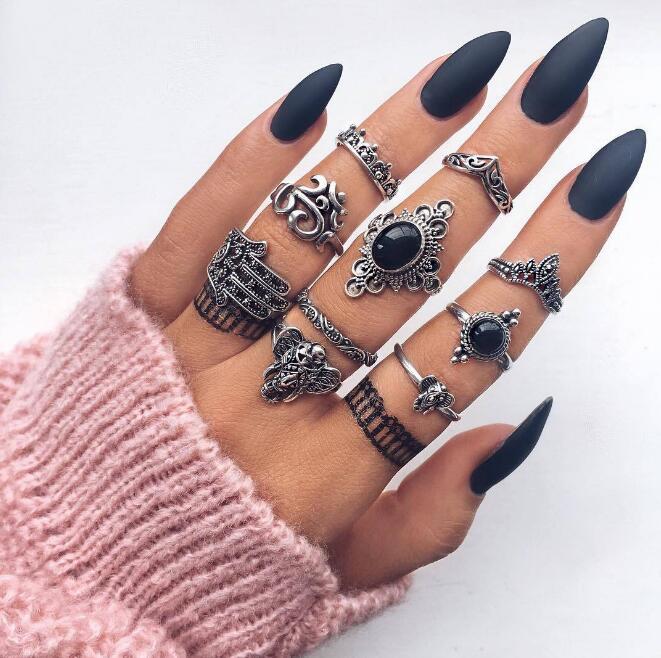 Tocona Bohemian Women's Antique Silver Color Rings Boho Indian Jewelry Vintage Midi Knuckle Ring Set Finger bijoux Femme