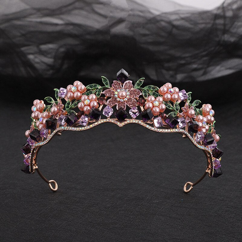 Vintage Purple Crystal Flower Pink Pearls Bridal Crowns Rhinestone Pageant Diadem Veil Tiaras Wedding Hair Accessories