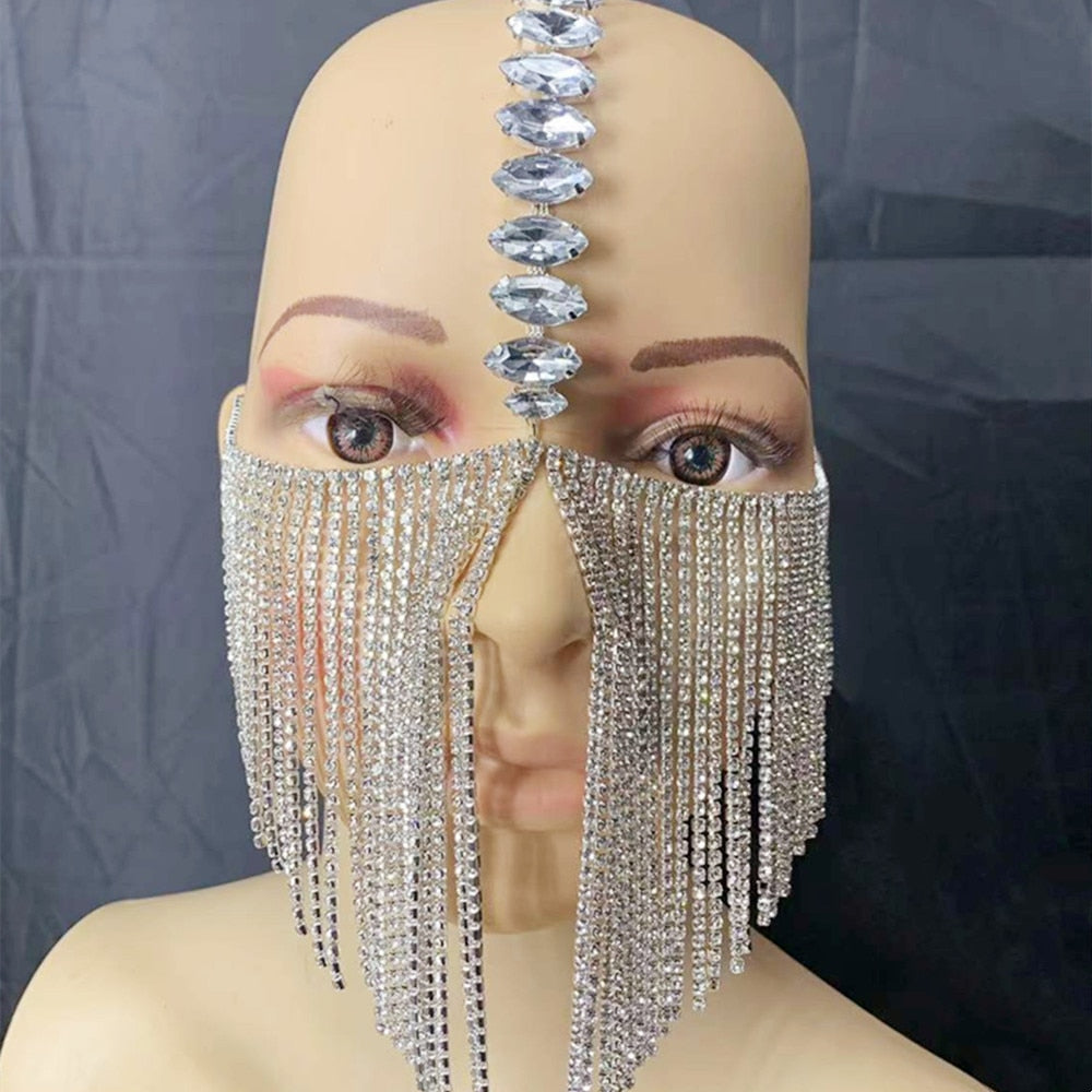 Aveuri Luxury Sexy Black Rhinestone Tassel Masquerade Mask Face Chain Veil For Women Shiny Crystal Cosplay Head Face Decoration Mask