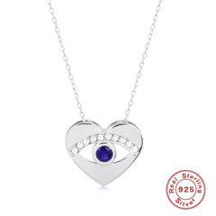 Aveuri S925 Sterling Silver Blue Zircon Devil's Eye Heart Shape Pendant Clavicle Necklace Chain For Women Girl Fine Jewelry Gift