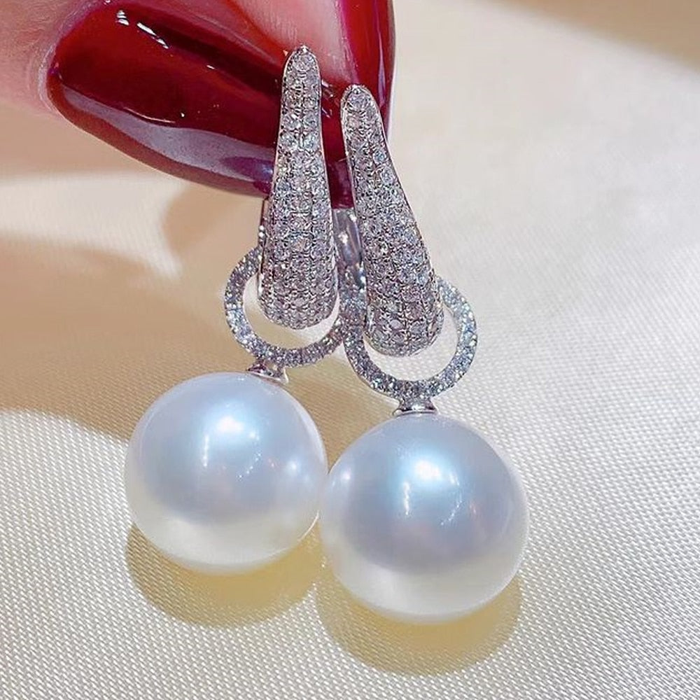 Graduation Gift Temperament Elegant Simulated Pearl Dangle Earrings for Women Sparkling Cubic Zirconia Silver Color Earrings 2022 Jewelry