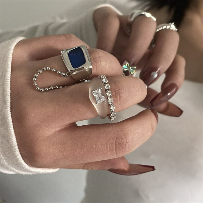 Aveuri 2023 French Fashion Simple Blue Double-Layer Tassel Chain Inlaid Rhinestone Gemstone Open Ring Female Personality All-Match Jewelry