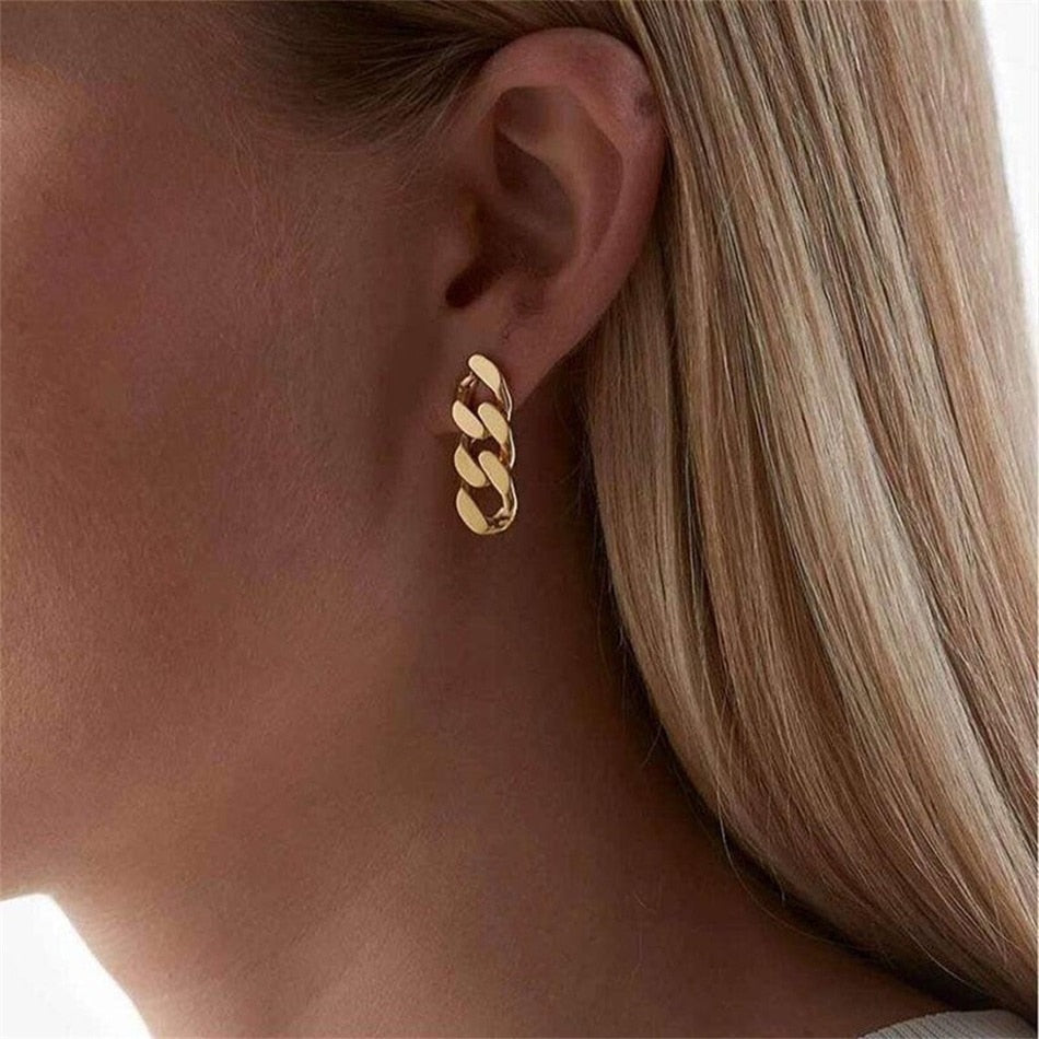 Aveuri Hoop Earrings Personality Punk Cuban Link Chain Stud Earrings For Fashion Women Gold Plated Ring Clasp Dangle Rock Jewelry Gift