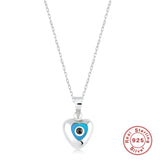 Aveuri 925 Sterling Silver Blue And Red Enamel Devil's Eye Heart Shape Pendant Clavicle Necklace Chain For Women Girl Jewelry Gift