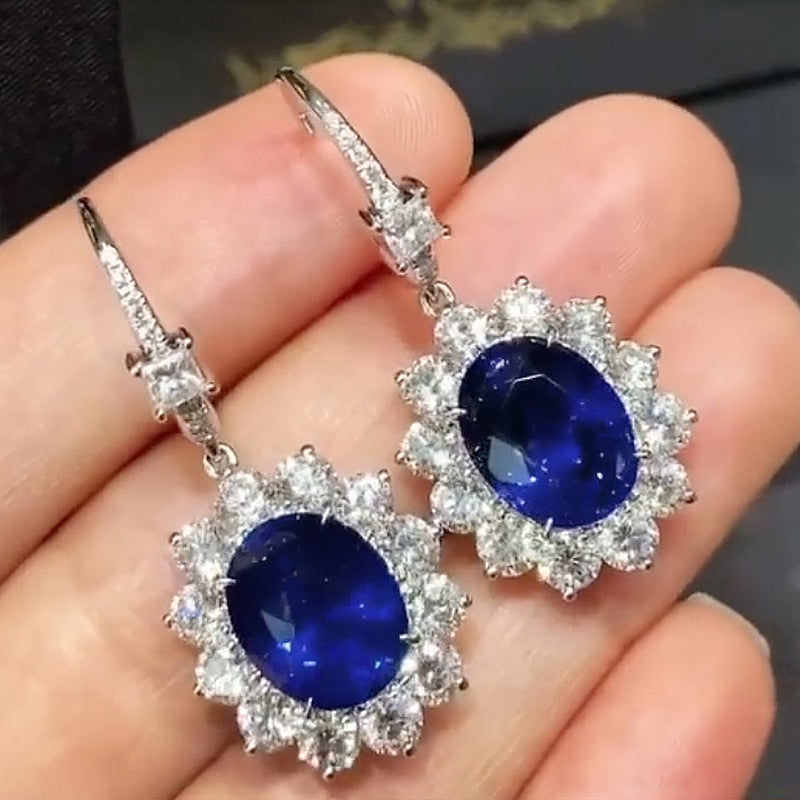 Graduation Gift Oval Blue Cubic Zirconia Earrings Women for Vintage Party Elegant Lady's Ear Earrings Anniversary Gift Luxury Jewelry New