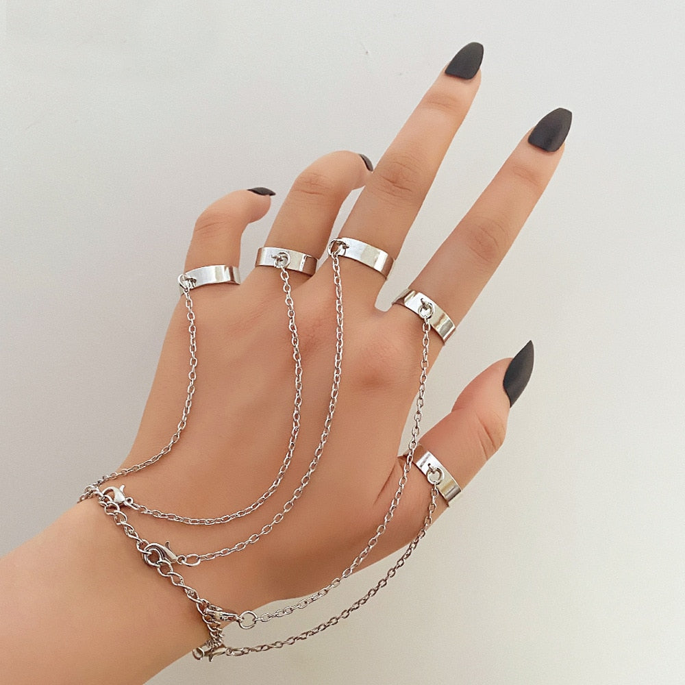 AVEURi 2023 Punk Vintage Silver Color Link Chain Wrist Bracelet For Men Women Ring Set Fashion Long Tassel Jewelry Gifts Pulsera Mujer