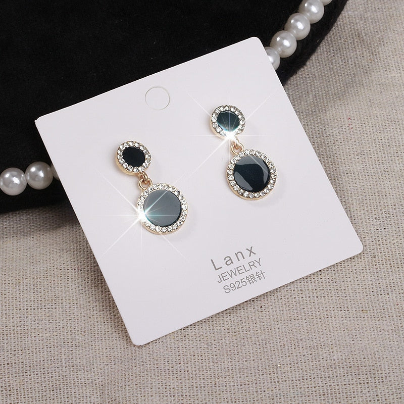 LATS Trend Rhinestone Geometric Drop Earrings for Women Korean Fashion Black Color Dangle Earring 2023 Female Elegant Jewelry