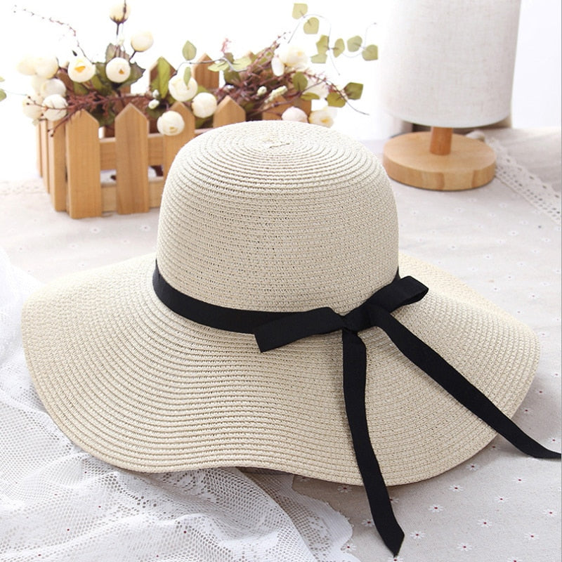 Aveuri 2022 New Simple Foldable Wide Brim Floppy Girls Straw Hat Sun Hat Beach Women Summer Hat UV Protect Travel Cap Lady Cap Female