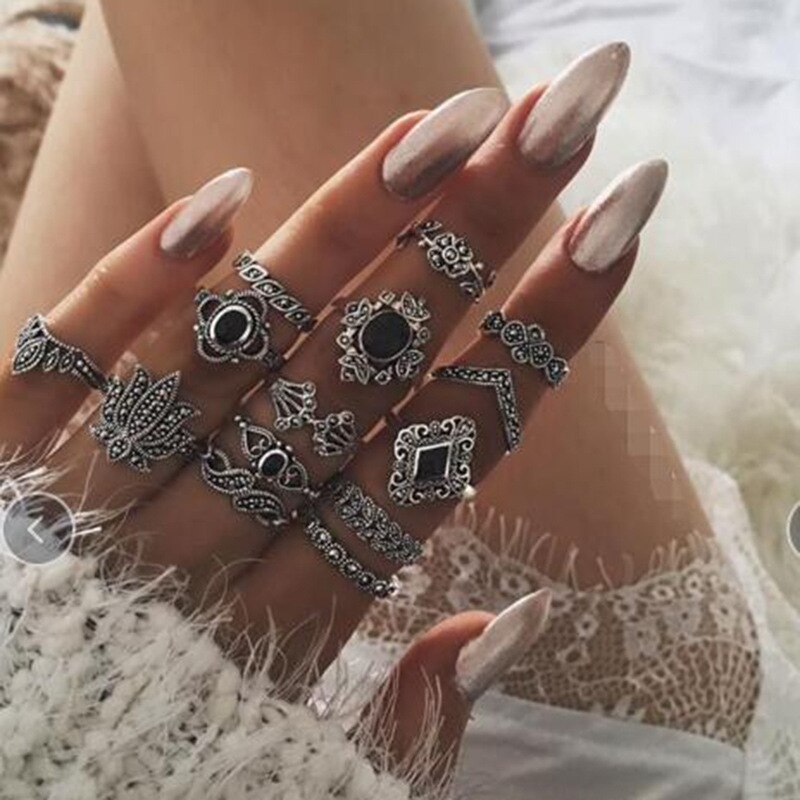 Tocona Bohemian Women's Antique Silver Color Rings Boho Indian Jewelry Vintage Midi Knuckle Ring Set Finger bijoux Femme