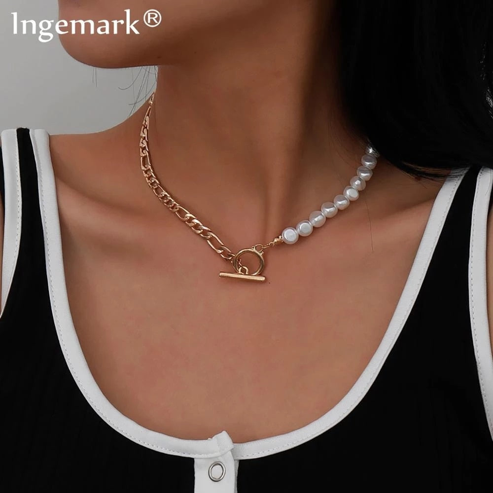 Aveuri 2023 New Fashion Baroque Pearl Chain Necklace Women Collar Wedding Punk Toggle Clasp Circle Lariat Bead Choker Necklaces Jewelry