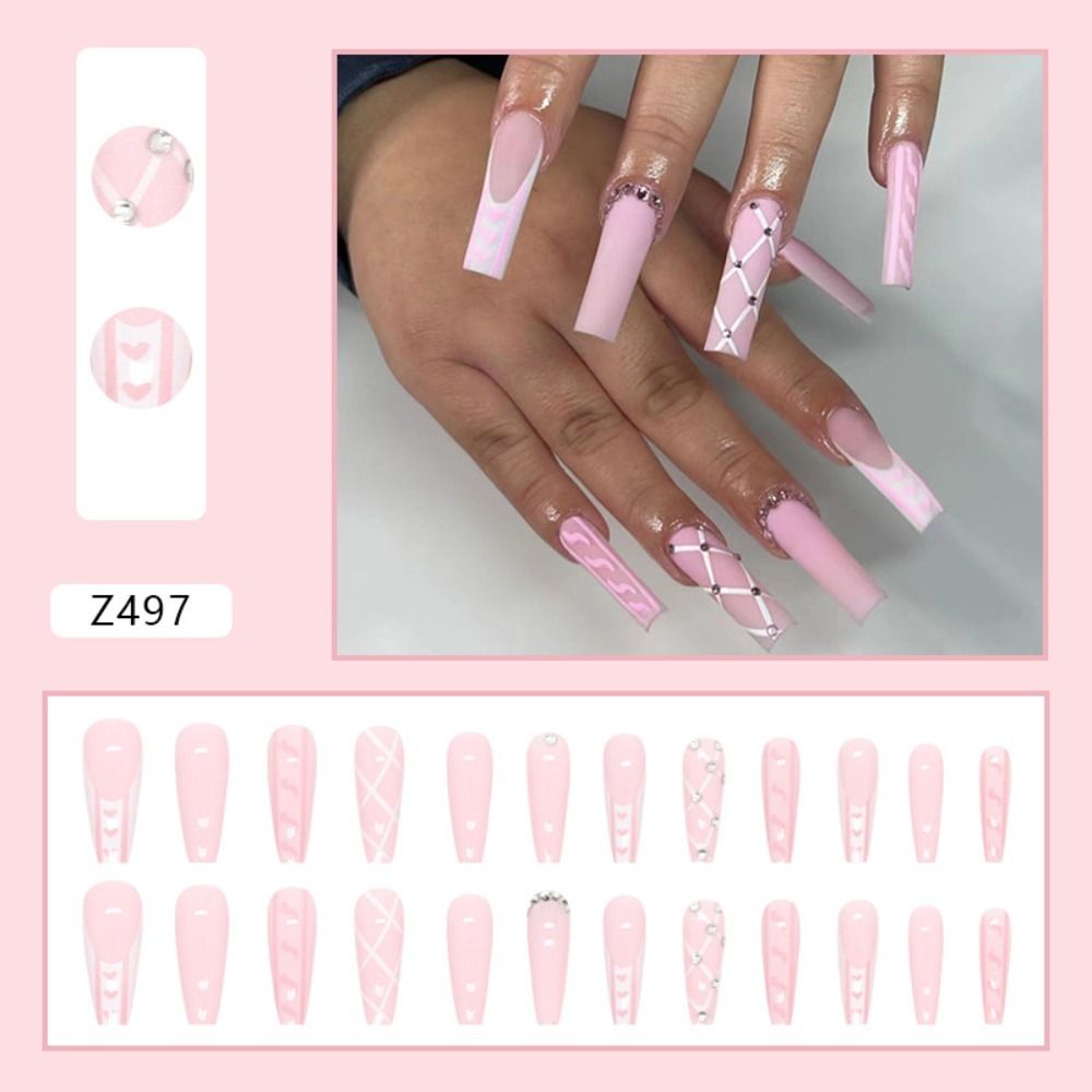 Aveuri  24Pcs Detachable Press on Nails Long Coffin False Nails Wearable with Diamond French Ballet Fake Nails Full Cover Nail Tips