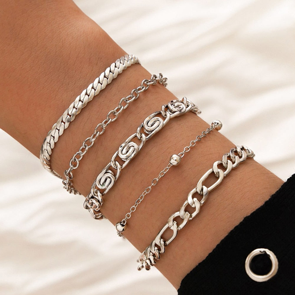 Aveuri 2023 Multilayer Silver Color Chain Bracelet Sets For Women Geometric Leaves Heart Rhinestone Charm Bracelet Vintage Jewelry