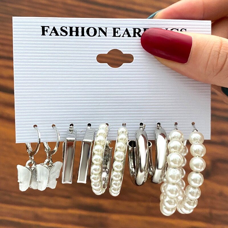 LATS Trendy Silver Color Butterfly Hoop Earrings Set for Women Girls Geometric Irregular Metal Resin Acrylic Earrings Jewelry