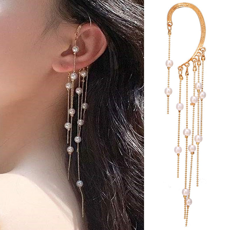 LATS Fashion Crystal Butterfly Clip Earring for Women Pearl Bead Ear Cuff Long Tassels Charm Hollow Earrings Clip Jewelry Gifts