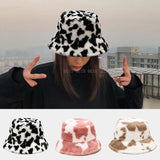 Aveuri Winter Cow Print Plush Bucket Hats For Women Soft Velvet Fisherman Cap Lady Tourism Outdoor Warm Hat Fashion Flat Top Hats
