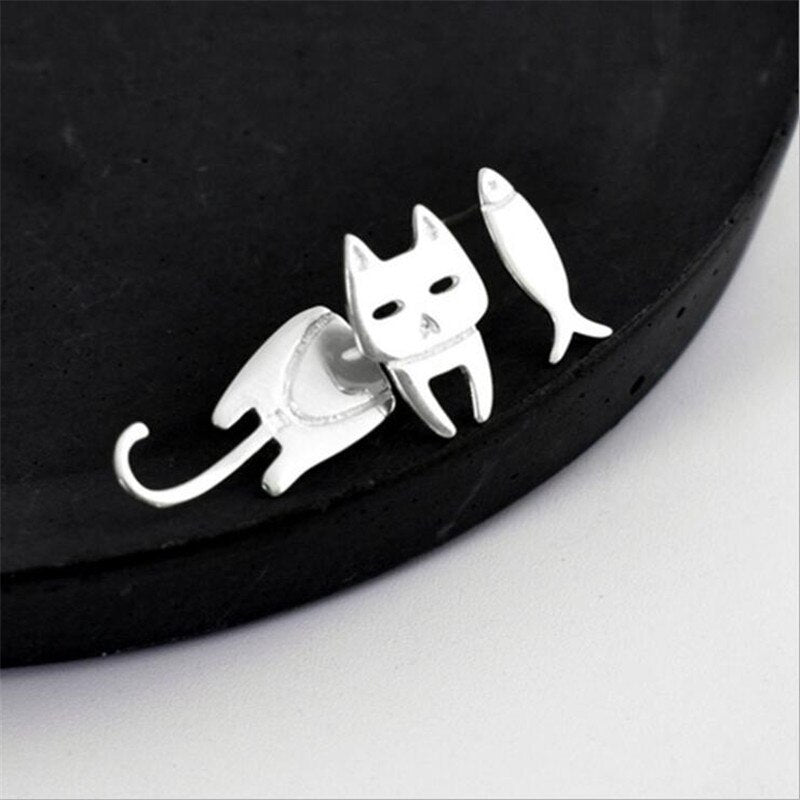 S925 Sterling Silver Stud Earring Cute Cat Fish Ear Stud Hypoallergenic Eardrop Jewelry Studs Prevent Allergy Dangler Ear Ring