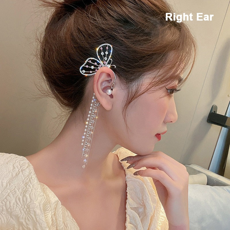 LATS Fashion Crystal Butterfly Clip Earring for Women Pearl Bead Ear Cuff Long Tassels Charm Hollow Earrings Clip Jewelry Gifts