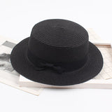 Aveuri Women Straw Hats Panama Wide Brim Jazz Hat Summer Ladies Bow Knot Flat Top Sun Hat Sun-Shading Chapeau Beach UV Protection Cap