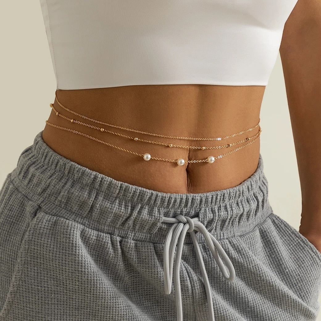 Aveuri Cute Kpop Bohemia Pearl Thin Belt Waist Beads Chain Jeans Delicate Body Jewelry for Women Harness Fashion Natural Decorations