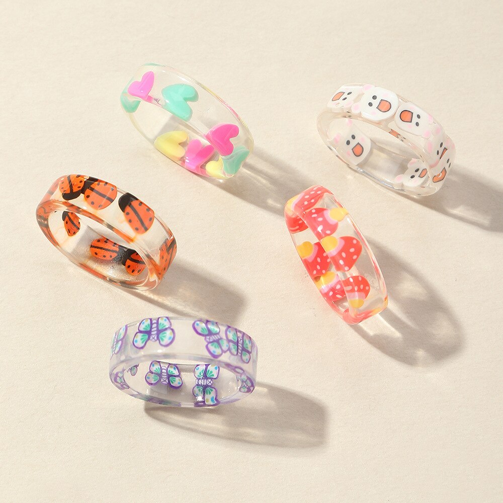 Fruit Animal Ring for Women Acrylic Resin Transparent Female Girls Ring Set Fashion Jewerly 5Pcs/Set