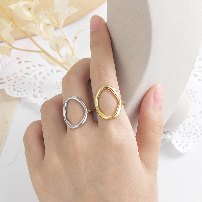 Minimalist Irregular Resizable Silver Plated Ring Hollow Ellipse Jewelry Geometric Loop Gold Plated Open Rings Prevent Allergies