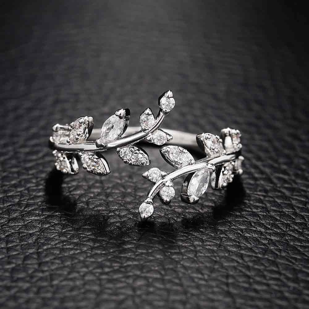 Graduation Gift Fancy Leaf Design Adjustable Opening Rings for Women Sparkling Cubic Zirconia Olive Ring Party Daily Wear Fashion Jewelry