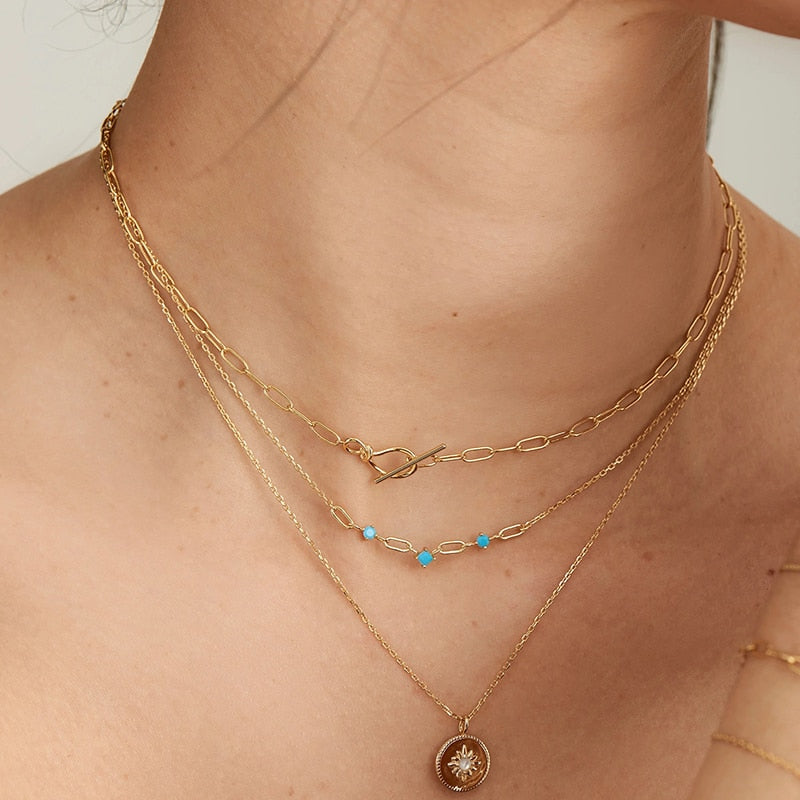 Aveuri S925 Sterling Silver Turquoise Necklace Chain For Women Simple Matching Ladies Girls Collarbone Necklaces Exquisite Jewelry
