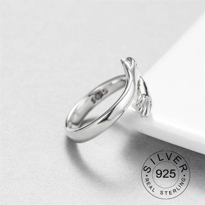 Resizable 925 Sterling Silver Ring Trendy Fine Jewelry Loop Good-looking Gold Plated Rings Hands Hug Shaped for Women Girl, kofo