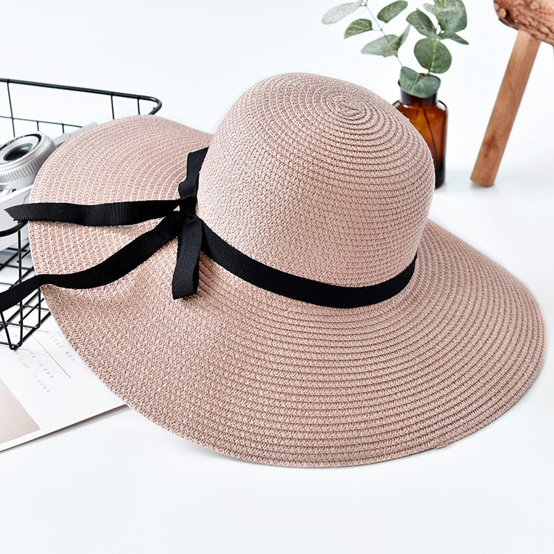 Aveuri 2022 New Simple Foldable Wide Brim Floppy Girls Straw Hat Sun Hat Beach Women Summer Hat UV Protect Travel Cap Lady Cap Female