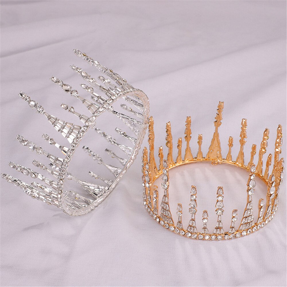 Aveuri Luxury Queen Princess Round Crown Men Crystal Pearl Big Diadem Wedding Hair Accessories Silver Gold Tiara Women Bridal Jewelry