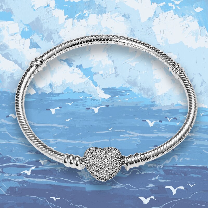 Hot Sale 100% 925 Sterling Silver Heart Shaped Zircon Closed Bracelet Fit Original Beads Pendant Charm DIY Women Free Shipping