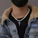 Hip-hop Men Necklace Cross Pendant Necklace for Women Fashion Vintage Imitation Pearl Clavicle Chain Punk Jewelry