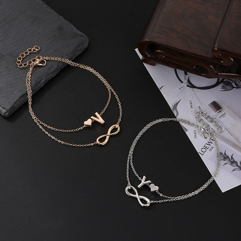 New Fashion A-Z Initial Letter Heart Pendant Anklets Women Double Layer Gold Color Link Chain Anklets For Women Jewelry Gift