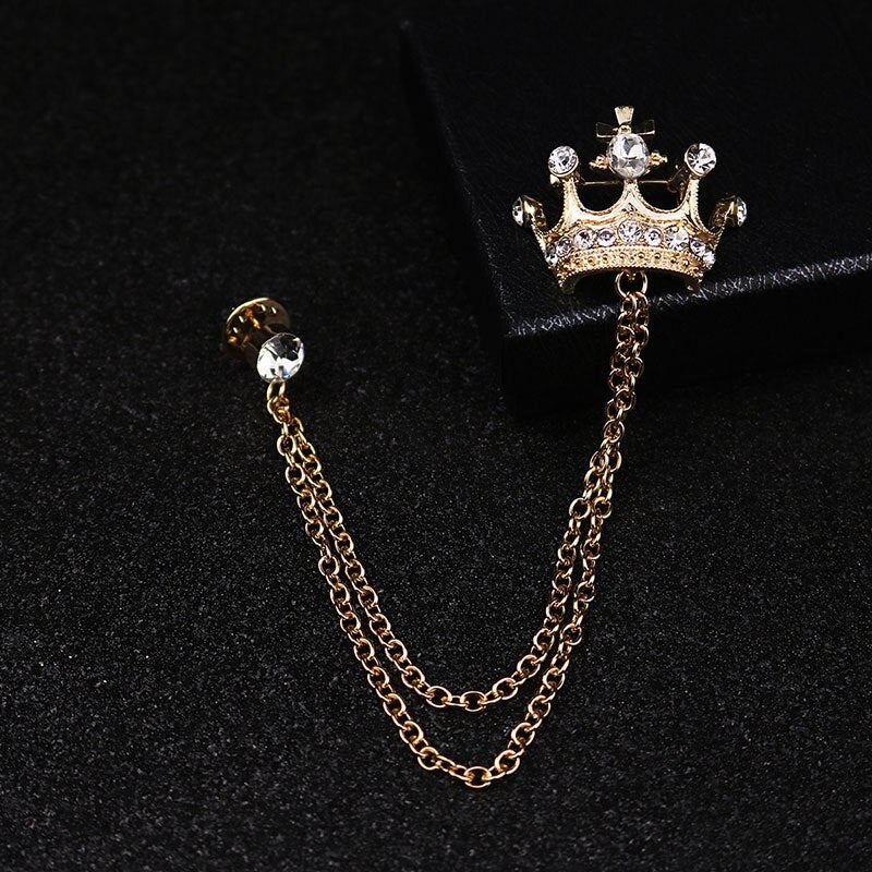 HUISHI Medal Brooch Lapel Chain Tassel Crown Brooches For Men Suit Pins Badge Gold Chain Medal Lapel Male Collar Pin Men Jewelry