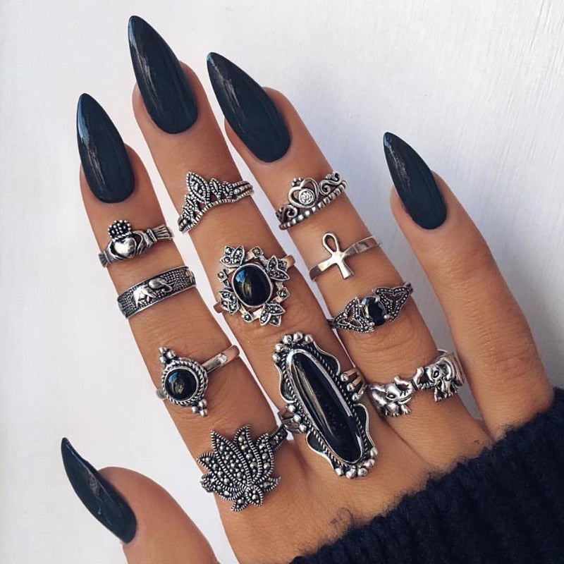 Tocona Bohemian Women's Antique Silver Color Rings Boho Indian Jewelry Vintage Midi Knuckle Ring Set Finger bijoux Femme