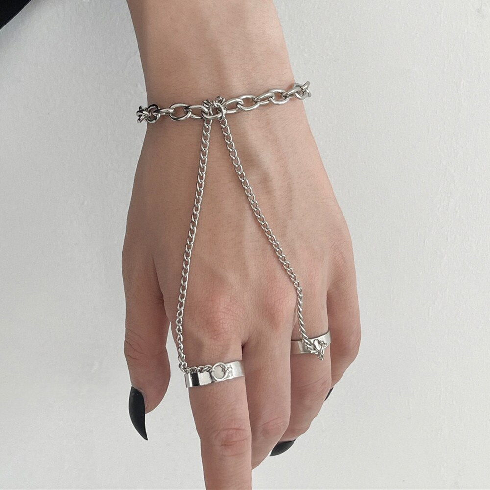 AVEURi 2023 Punk Vintage Silver Color Link Chain Wrist Bracelet For Men Women Ring Set Fashion Long Tassel Jewelry Gifts Pulsera Mujer