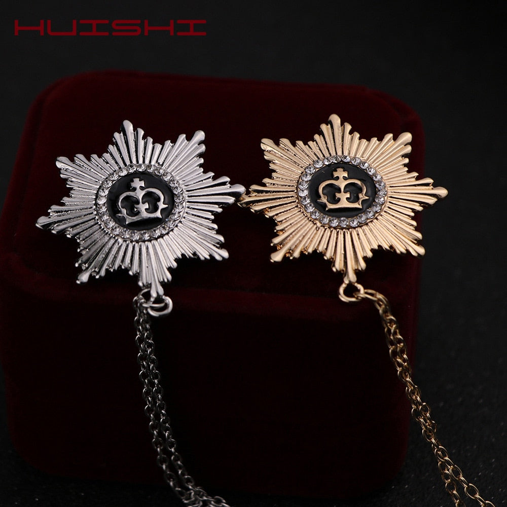 HUISHI Medal Brooch Lapel Chain Tassel Crown Brooches For Men Suit Pins Badge Gold Chain Medal Lapel Male Collar Pin Men Jewelry