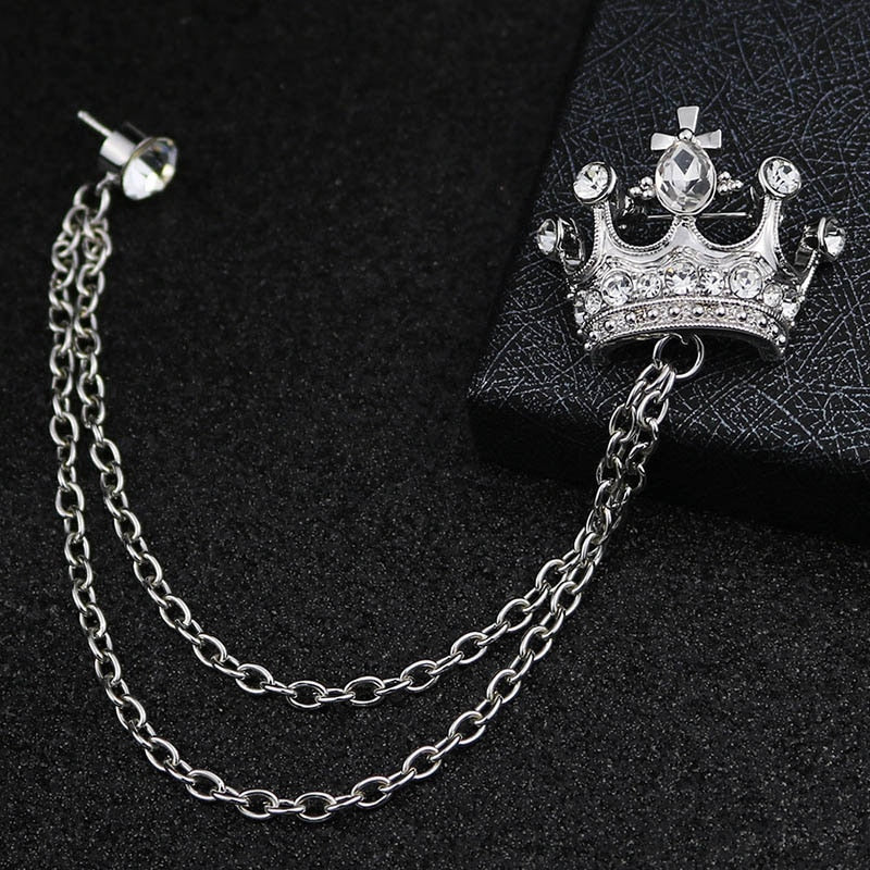 HUISHI Medal Brooch Lapel Chain Tassel Crown Brooches For Men Suit Pins Badge Gold Chain Medal Lapel Male Collar Pin Men Jewelry