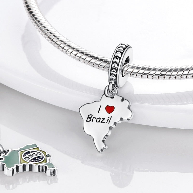 Fits Original Pandach Bracelet Necklace Silver Color Brazil Nation Map Charms Beads Silver Color Pendant Women DIY Jewelry