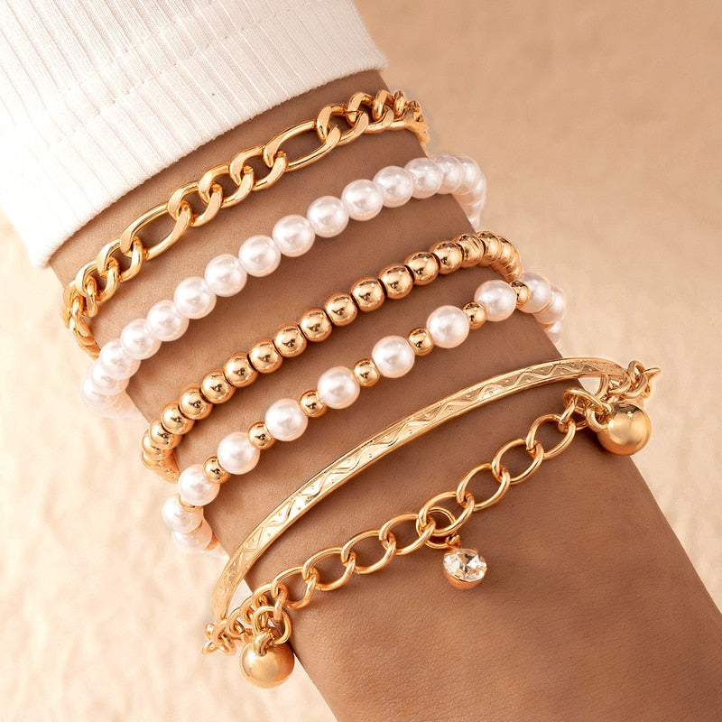 Tocona 6pcs/set Fashion Gold Color Beads Pearl Star Multilayer Beaded Bracelets Set for Women Charm Party Jewelry Gift 5483