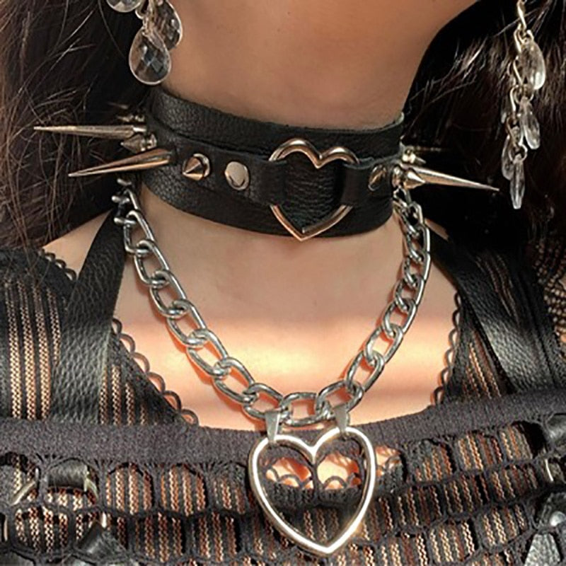 Aveuri 2023 Korean Fashion Metal Heart Shape Pendant Necklace For Women Men Neck Chains Jewelry Hiphop Punk Chain Chokers Necklaces Gift New