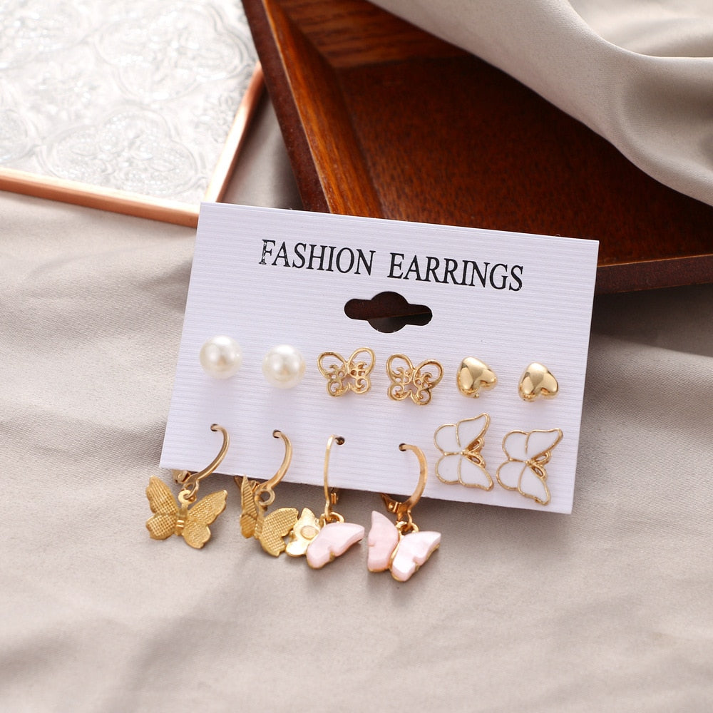 LATS Trendy Silver Color Butterfly Hoop Earrings Set for Women Girls Geometric Irregular Metal Resin Acrylic Earrings Jewelry