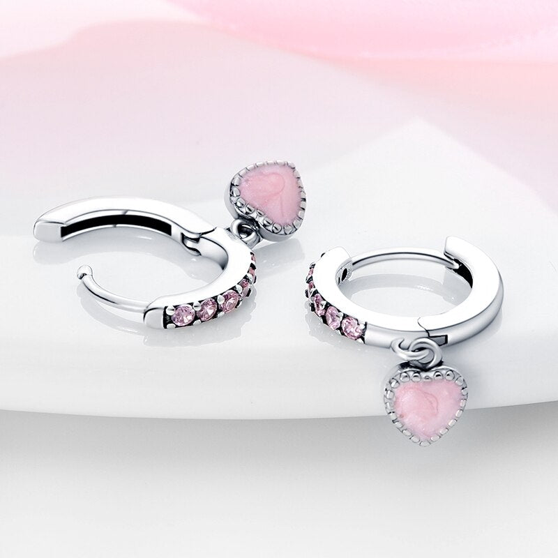 New Silver Color Pink Zircon Heart Pendant Earrings Women plata de ley Earring Diy Fine Banquet Party Birthday Jewelry